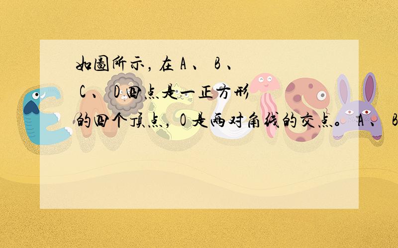 如图所示，在 A 、 B 、 C 、 D 四点是一正方形的四个顶点， O 是两对角线的交点。 A 、 B 两点放有等量同