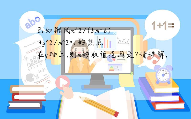 已知椭圆x^2/(5m-6) +y^2/m^2=1的焦点在y轴上,则m的取值范围是?请详解,