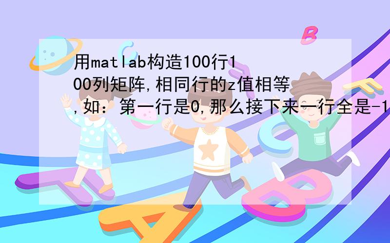 用matlab构造100行100列矩阵,相同行的z值相等,如：第一行是0,那么接下来一行全是-1