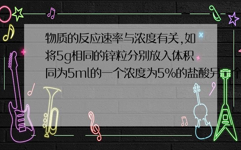 物质的反应速率与浓度有关,如将5g相同的锌粒分别放入体积同为5ml的一个浓度为5%的盐酸另一个为10%的盐酸中,问在同时