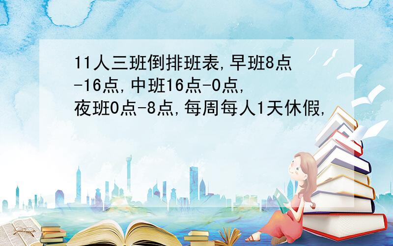 11人三班倒排班表,早班8点-16点,中班16点-0点,夜班0点-8点,每周每人1天休假,