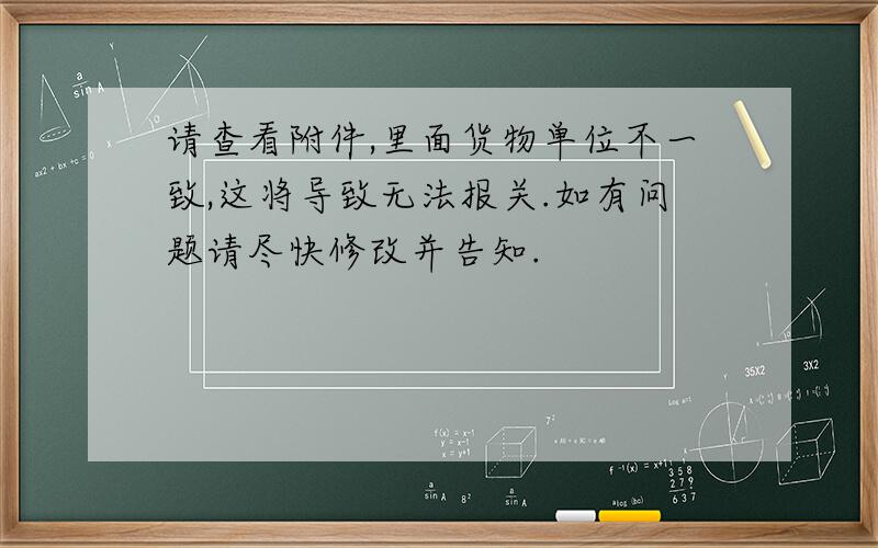 请查看附件,里面货物单位不一致,这将导致无法报关.如有问题请尽快修改并告知.