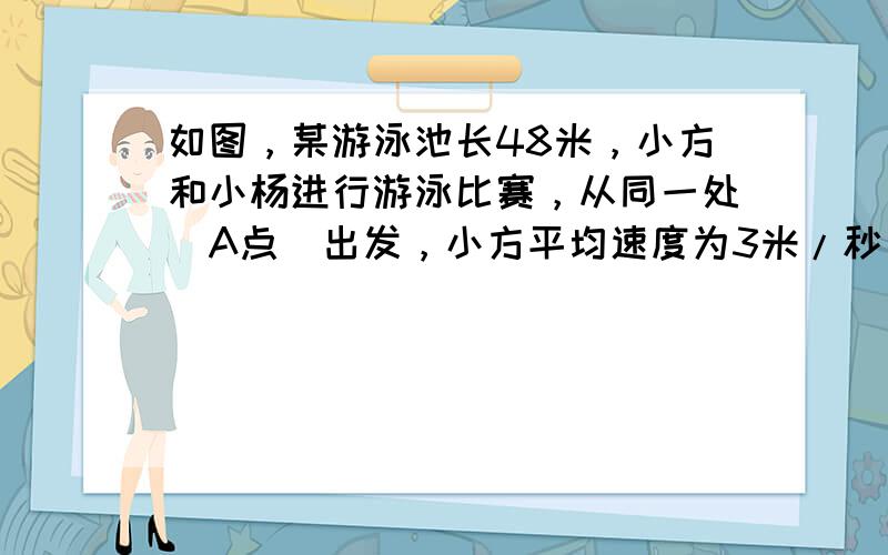 如图，某游泳池长48米，小方和小杨进行游泳比赛，从同一处（A点）出发，小方平均速度为3米/秒，小杨为3.1米/秒．但小杨