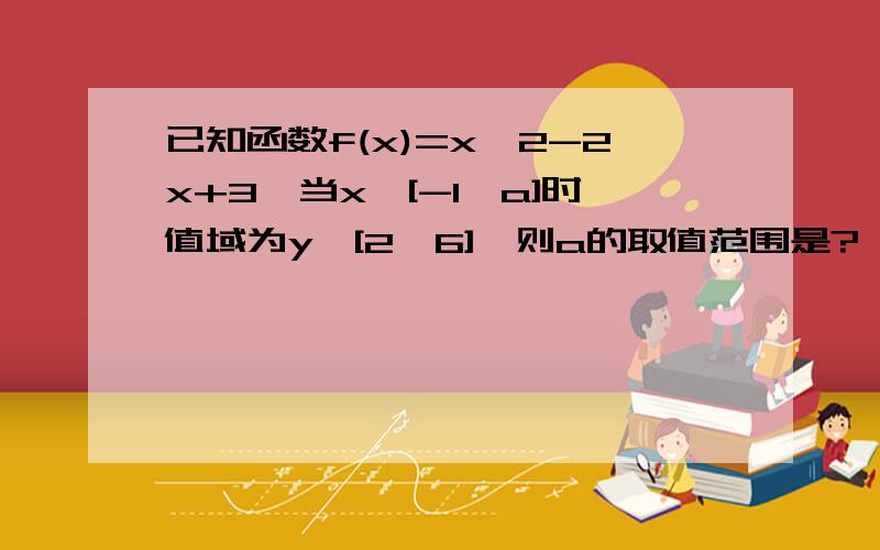 已知函数f(x)=x^2-2x+3,当x∈[-1,a]时值域为y∈[2,6],则a的取值范围是?