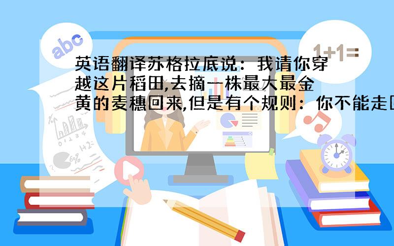 英语翻译苏格拉底说：我请你穿越这片稻田,去摘一株最大最金黄的麦穗回来,但是有个规则：你不能走回头路,而且你只能摘一次.