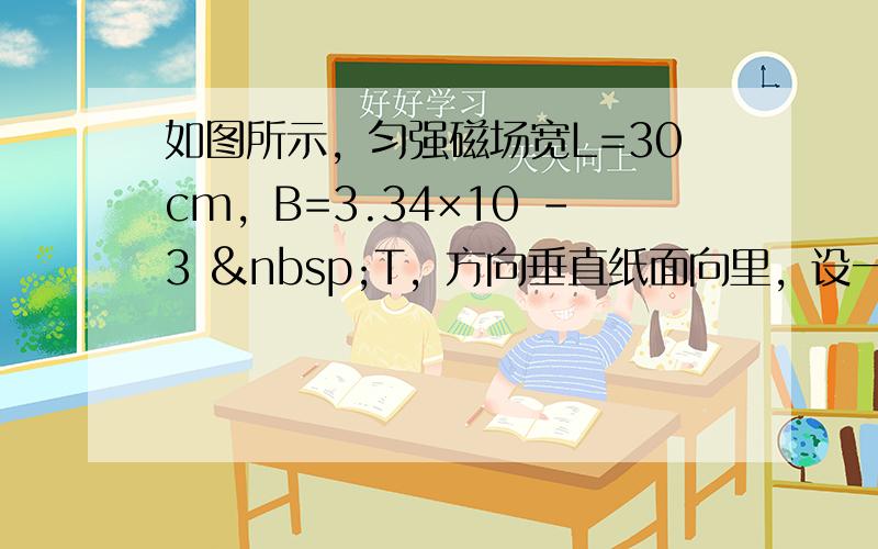 如图所示，匀强磁场宽L=30cm，B=3.34×10 -3  T，方向垂直纸面向里，设一质子以v 0 =1.6