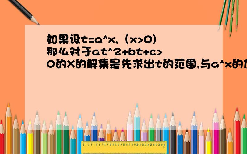 如果设t=a^x,（x>0)那么对于at^2+bt+c>0的X的解集是先求出t的范围,与a^x的值域取交集,然后求x的区