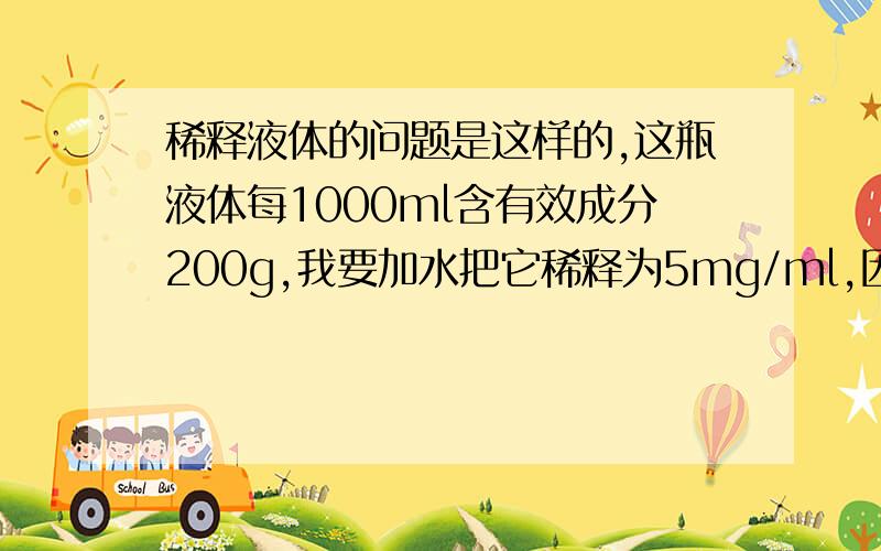 稀释液体的问题是这样的,这瓶液体每1000ml含有效成分200g,我要加水把它稀释为5mg/ml,因为只有一只250ml