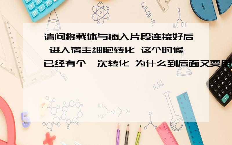 请问将载体与插入片段连接好后 进入宿主细胞转化 这个时候已经有个一次转化 为什么到后面又要用质粒转...