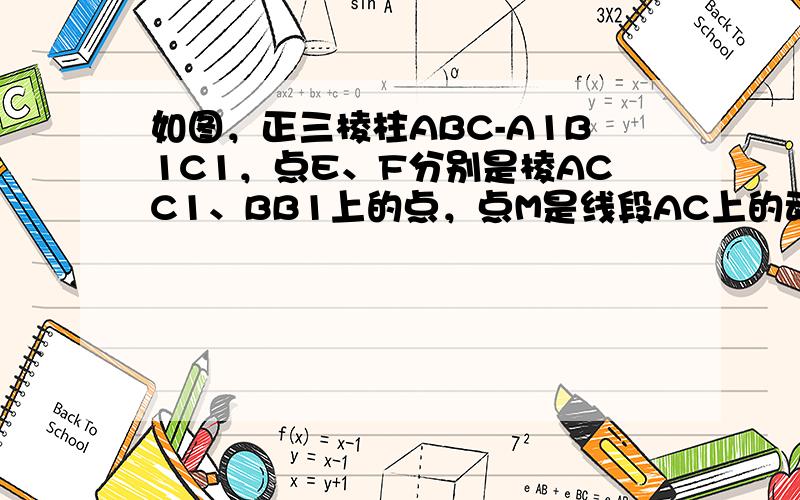 如图，正三棱柱ABC-A1B1C1，点E、F分别是棱ACC1、BB1上的点，点M是线段AC上的动点，EC=2FB，当点M