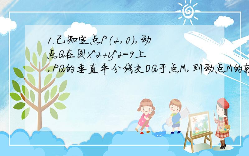 1.己知定点P（2,0）,动点Q在圆x^2+y^2=9上,PQ的垂直平分线交OQ于点M,则动点M的轨迹是?