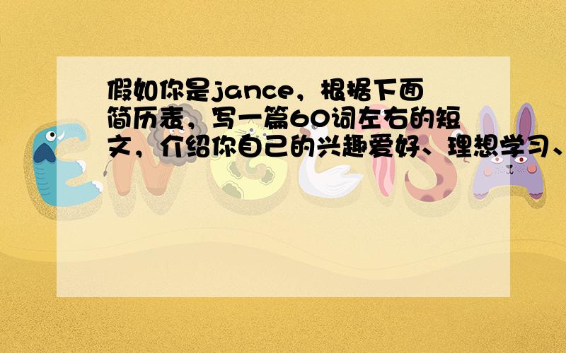 假如你是jance，根据下面简历表，写一篇60词左右的短文，介绍你自己的兴趣爱好、理想学习、家庭等等