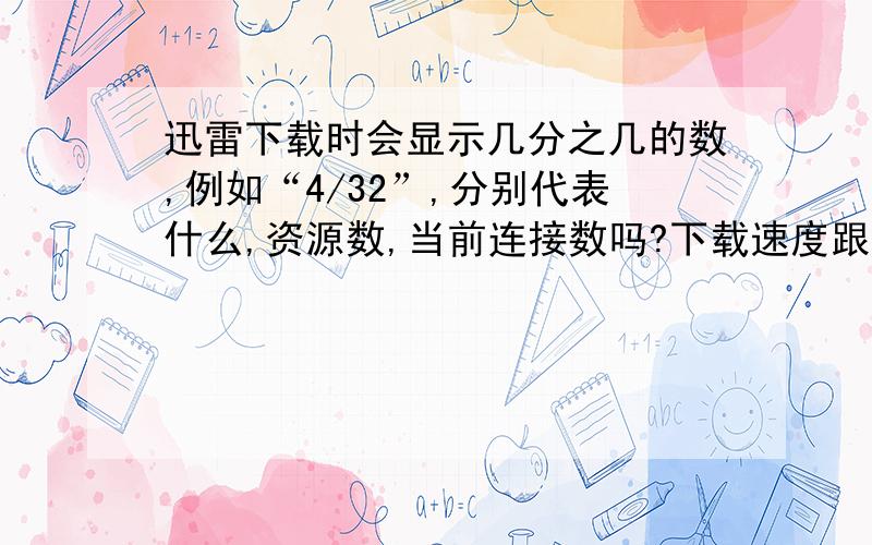 迅雷下载时会显示几分之几的数,例如“4/32”,分别代表什么,资源数,当前连接数吗?下载速度跟什么有...