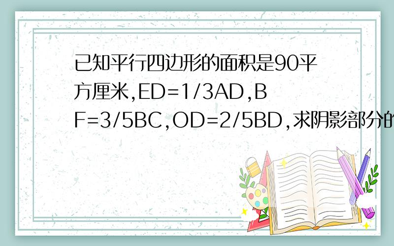 已知平行四边形的面积是90平方厘米,ED=1/3AD,BF=3/5BC,OD=2/5BD,求阴影部分的面积