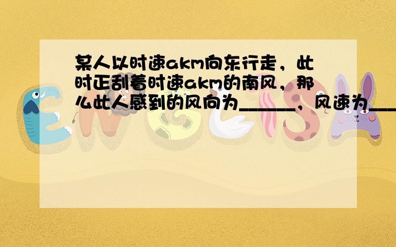 某人以时速akm向东行走，此时正刮着时速akm的南风，那么此人感到的风向为______，风速为______．