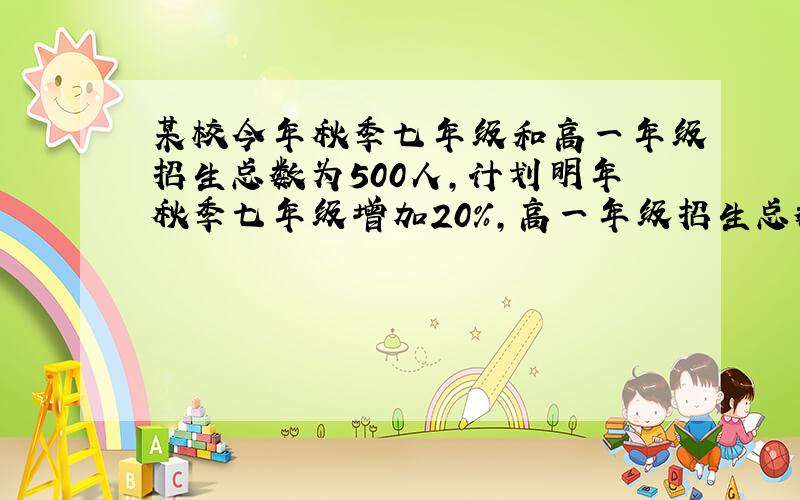 某校今年秋季七年级和高一年级招生总数为500人,计划明年秋季七年级增加20%,高一年级招生总数比今年增加15%,明年比去