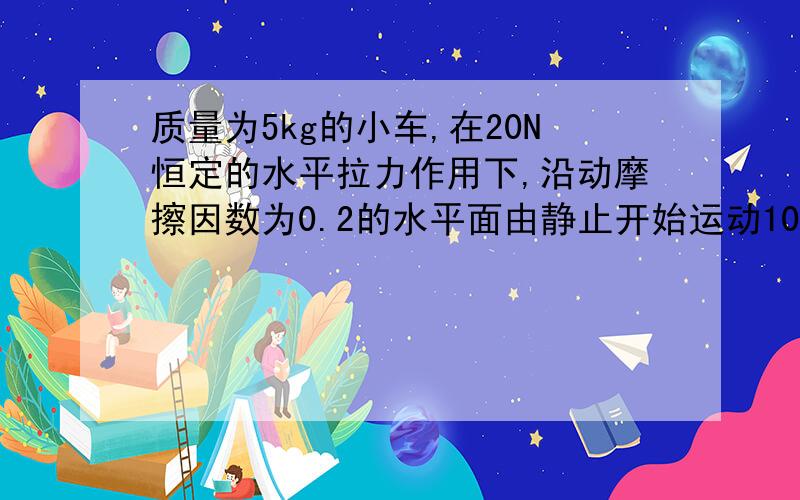 质量为5kg的小车,在20N恒定的水平拉力作用下,沿动摩擦因数为0.2的水平面由静止开始运动100m,g=10m/s^2