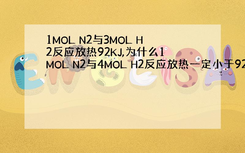 1MOL N2与3MOL H2反应放热92KJ,为什么1MOL N2与4MOL H2反应放热一定小于92KJ?