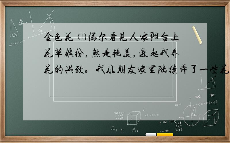 金色花 ⑴偶尔看见人家阳台上花草缤纷，煞是艳羡，激起我养花的兴致。我从朋友家里陆续弄了一些花草，海棠、月季、文竹……开始