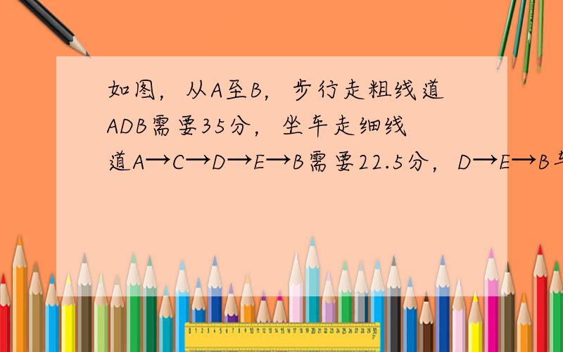 如图，从A至B，步行走粗线道ADB需要35分，坐车走细线道A→C→D→E→B需要22.5分，D→E→B车行驶的距离是D至