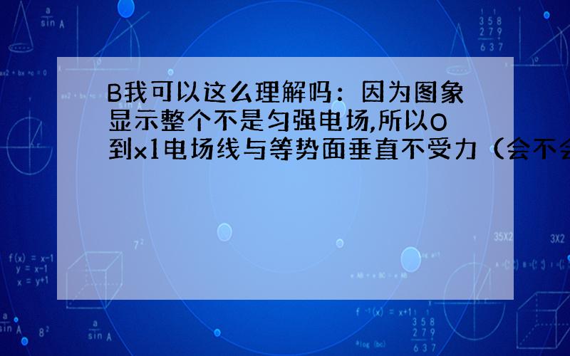 B我可以这么理解吗：因为图象显示整个不是匀强电场,所以O到x1电场线与等势面垂直不受力（会不会垂直也受力?）,但会受其他