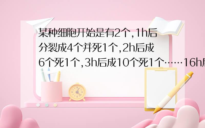 某种细胞开始是有2个,1h后分裂成4个并死1个,2h后成6个死1个,3h后成10个死1个……16h后细胞存货的个数为