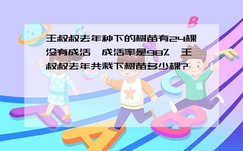 王叔叔去年种下的树苗有24棵没有成活,成活率是98%,王叔叔去年共栽下树苗多少棵?