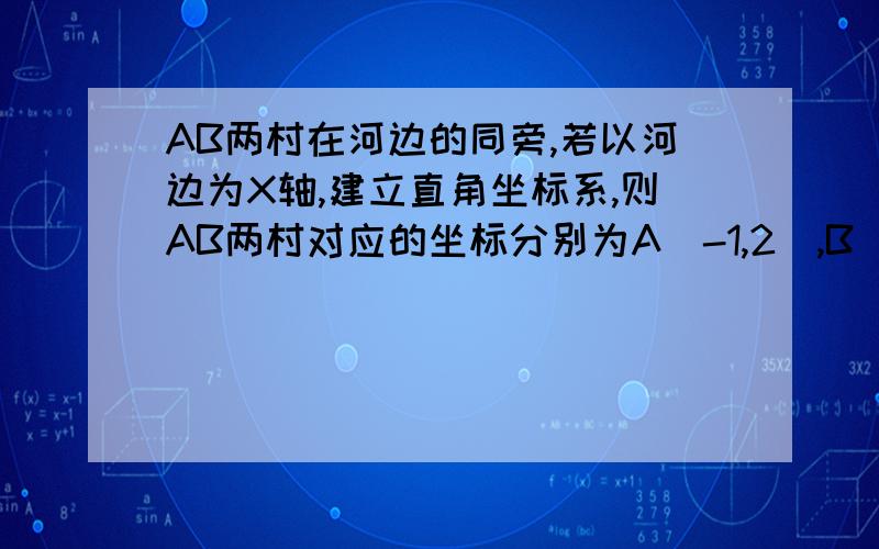 AB两村在河边的同旁,若以河边为X轴,建立直角坐标系,则AB两村对应的坐标分别为A(-1,2),B(5,6)