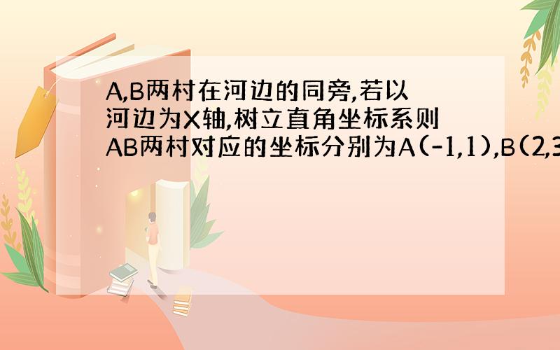 A,B两村在河边的同旁,若以河边为X轴,树立直角坐标系则AB两村对应的坐标分别为A(-1,1),B(2,3)要在河边