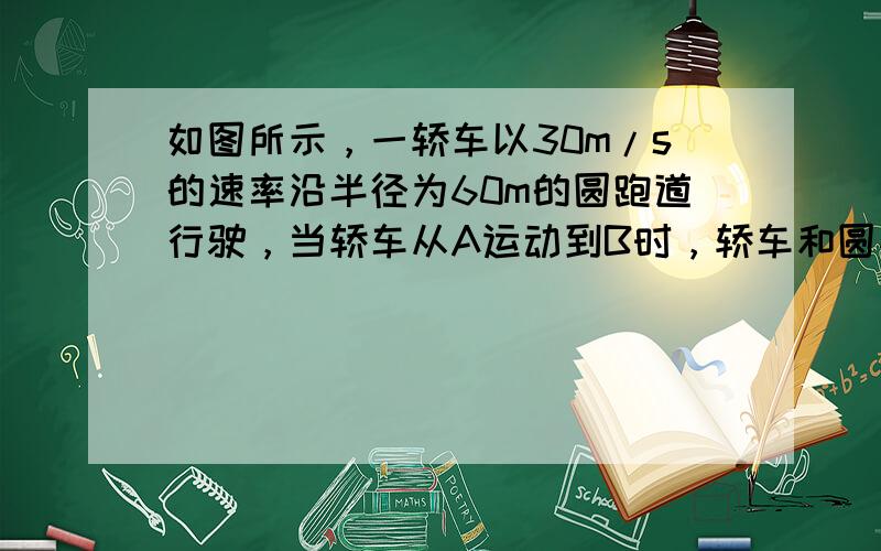 如图所示，一轿车以30m/s的速率沿半径为60m的圆跑道行驶，当轿车从A运动到B时，轿车和圆心的连线转过的角度为90°，