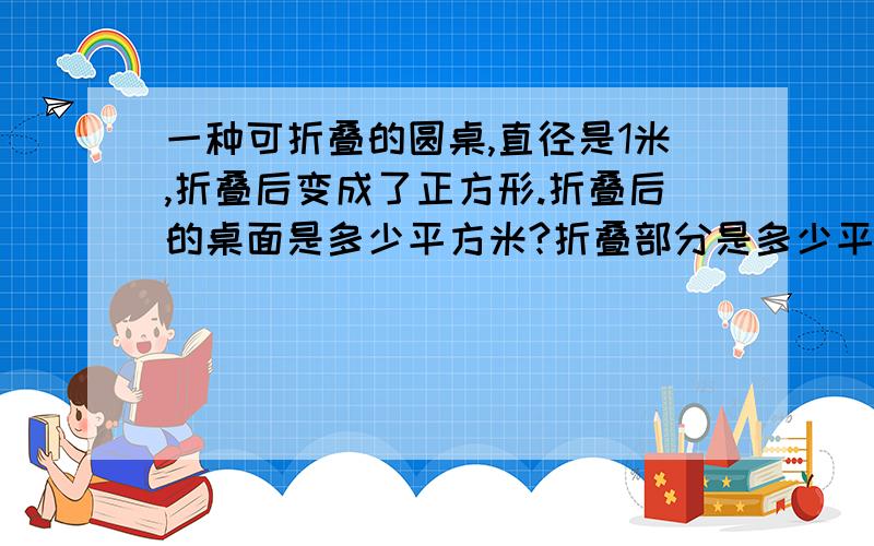 一种可折叠的圆桌,直径是1米,折叠后变成了正方形.折叠后的桌面是多少平方米?折叠部分是多少平方米?