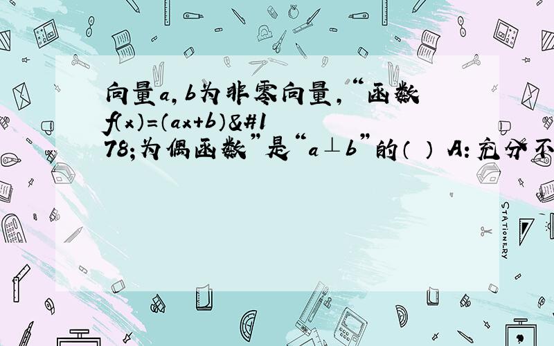 向量a,b为非零向量,“函数f（x）=（ax+b）²为偶函数”是“a⊥b”的（ ） A：充分不必要条件