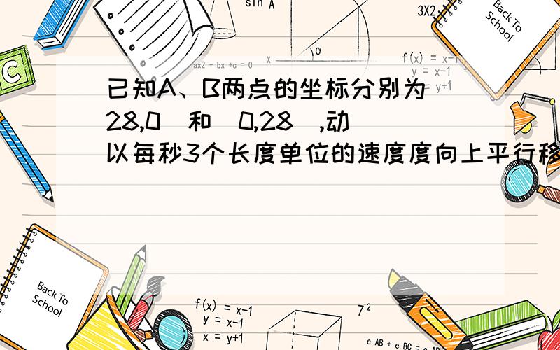 已知A、B两点的坐标分别为（28,0）和（0,28）,动以每秒3个长度单位的速度度向上平行移动轴0接FP