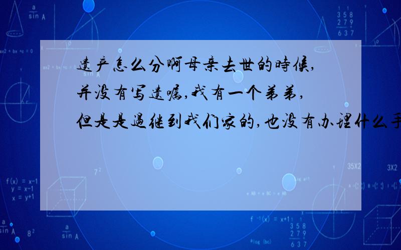 遗产怎么分啊母亲去世的时候,并没有写遗嘱,我有一个弟弟,但是是过继到我们家的,也没有办理什么手续等等,请问这个遗产会分给