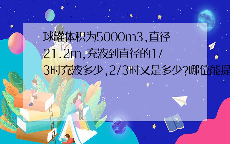 球罐体积为5000m3,直径21.2m,充液到直径的1/3时充液多少,2/3时又是多少?哪位能提供详细过程,非常感谢