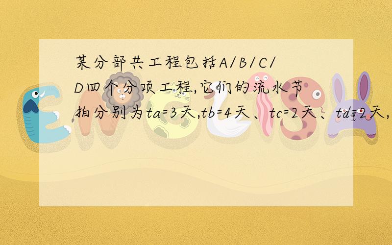 某分部共工程包括A/B/C/D四个分项工程,它们的流水节拍分别为ta=3天,tb=4天、tc=2天、td=2天,