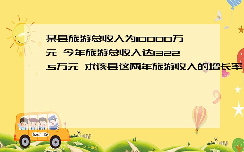 某县旅游总收入为10000万元 今年旅游总收入达1322.5万元 求该县这两年旅游收入的增长率