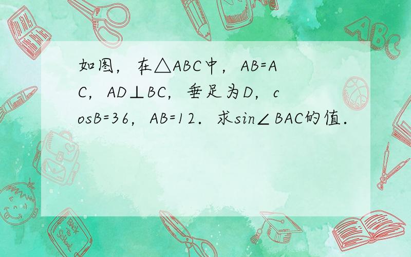 如图，在△ABC中，AB=AC，AD⊥BC，垂足为D，cosB=36，AB=12．求sin∠BAC的值．