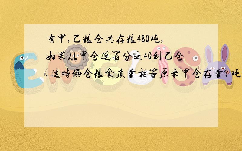 有甲,乙粮仓共存粮480吨,如果从甲仓运百分之40到乙仓,这时俩仓粮食质量相等原来甲仓存量?吨