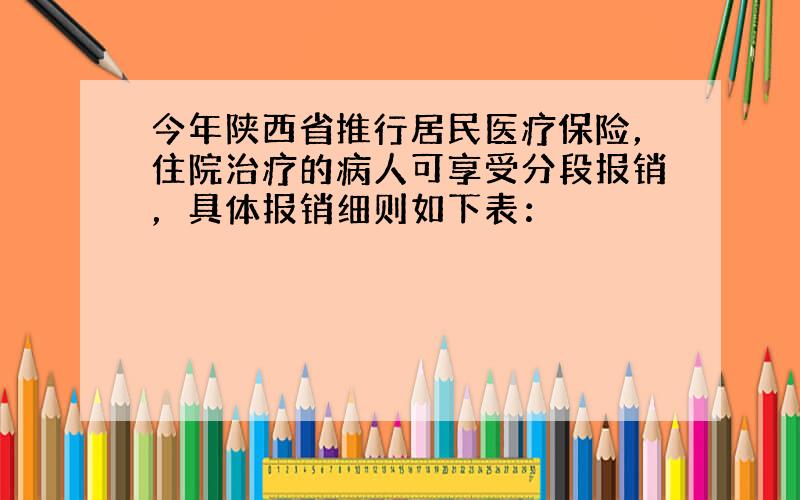 今年陕西省推行居民医疗保险，住院治疗的病人可享受分段报销，具体报销细则如下表：