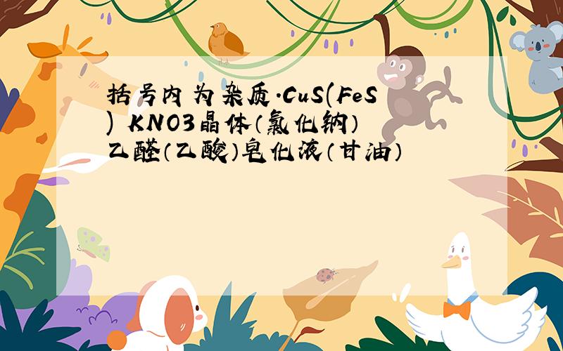 括号内为杂质.CuS(FeS) KNO3晶体（氯化钠） 乙醛（乙酸）皂化液（甘油）