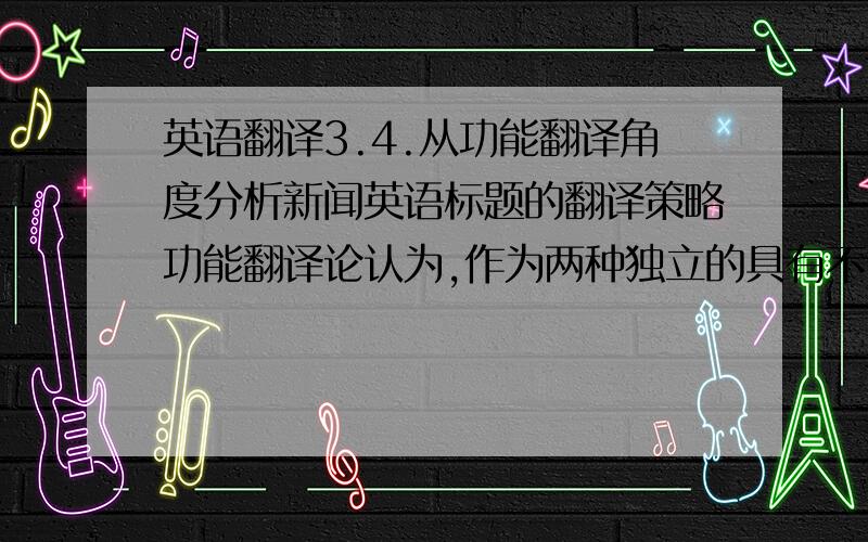 英语翻译3.4.从功能翻译角度分析新闻英语标题的翻译策略功能翻译论认为,作为两种独立的具有不同价值的文本,源语文本和目的