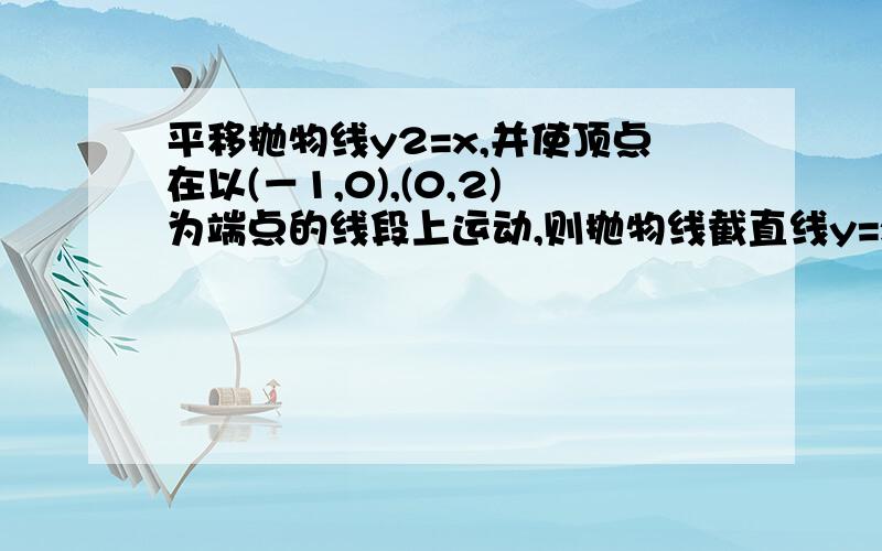 平移抛物线y2=x,并使顶点在以(－1,0),(0,2)为端点的线段上运动,则抛物线截直线y=x所得的线段长的最大值是