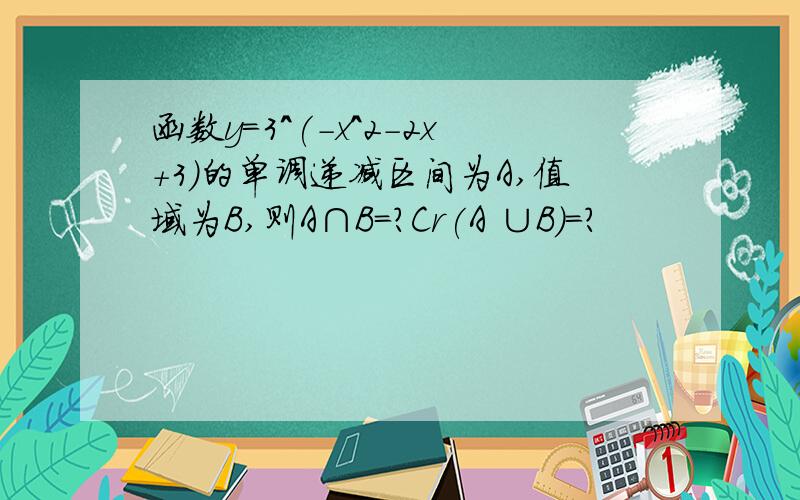 函数y=3^(-x^2-2x+3)的单调递减区间为A,值域为B,则A∩B=?Cr(A ∪B)=?