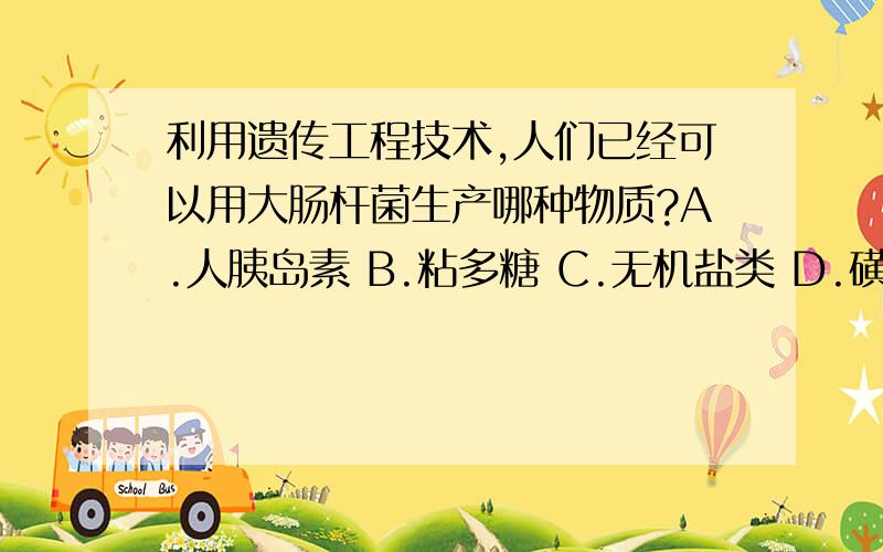 利用遗传工程技术,人们已经可以用大肠杆菌生产哪种物质?A.人胰岛素 B.粘多糖 C.无机盐类 D.磺胺药 E.以