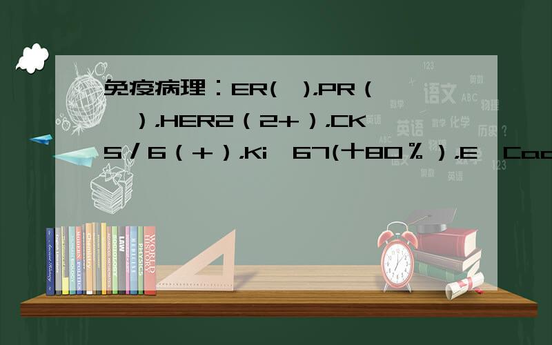 免疫病理：ER(一)，PR（一），HER2（2+），CK5／6（+），Ki一67(十80％），E一Cad(十），EGFR