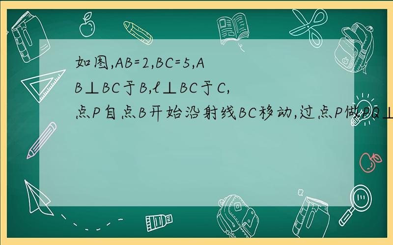 如图,AB=2,BC=5,AB⊥BC于B,l⊥BC于C,点P自点B开始沿射线BC移动,过点P做PQ⊥PA交直线l于点Q（