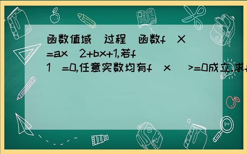 函数值域（过程）函数f(X)=ax^2+bx+1,若f(1)=0,任意实数均有f(x) >=0成立.求f（x）表达式.