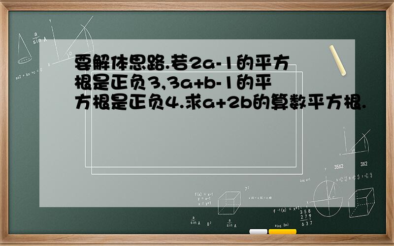 要解体思路.若2a-1的平方根是正负3,3a+b-1的平方根是正负4.求a+2b的算数平方根.