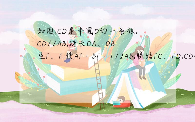 如图,CD是半圆O的一条弦,CD//AB,延长OA、OB至F、E,使AF＝BE＝1/2AB,联结FC、ED,CD=2,A